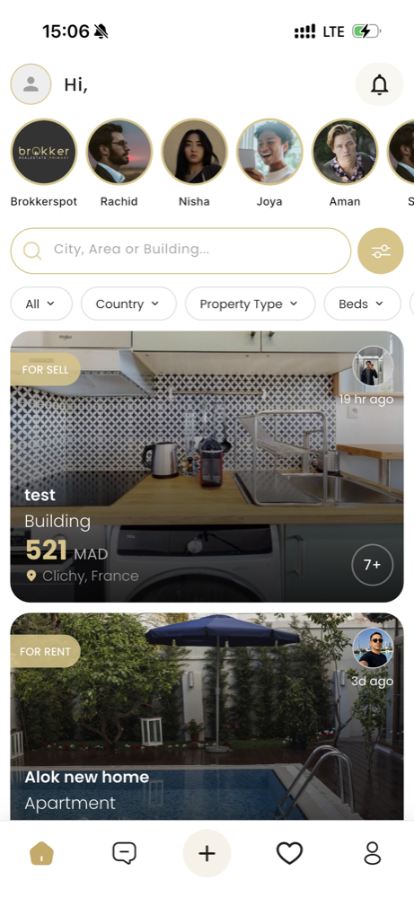 Brokker app home screen with property listings
